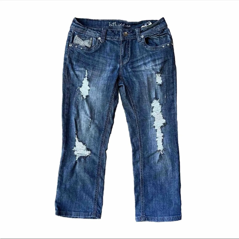LA Idol USA Jeans Medium Blue Distressed Denim Studded Embroidered Juniors Sz 9
